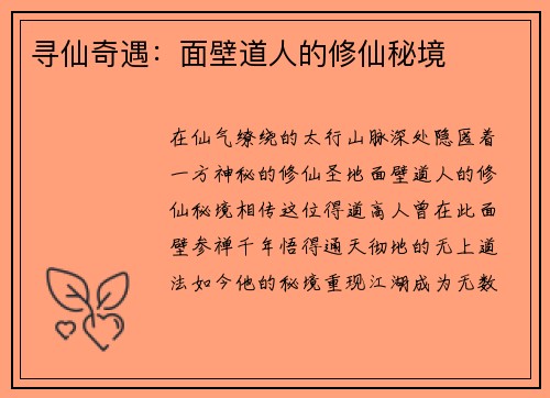寻仙奇遇：面壁道人的修仙秘境