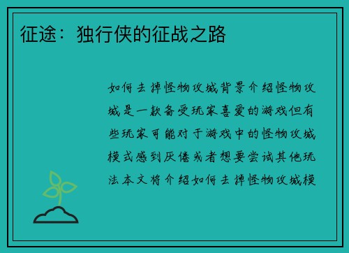 征途：独行侠的征战之路